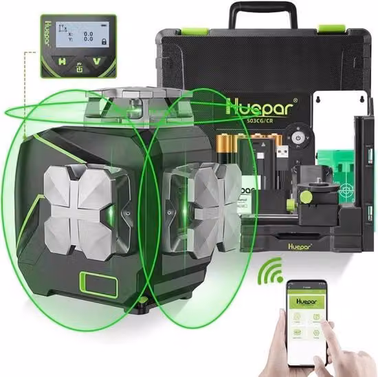 Nivellatore 3D a laser con schermo LCD e Bluetooth, 12 linee laser a 360° verde e nero