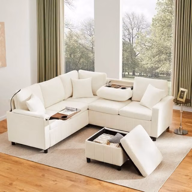 Divano angolare 205x205x85 cm con letto estraibile in ciniglia beige