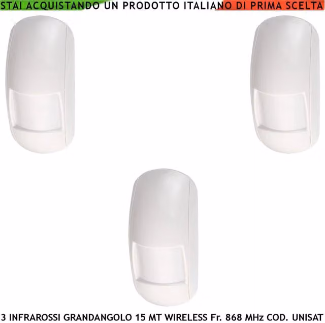 Set di 3 sensori di movimento infrarossi Securvera bianchi con tecnologia radio bidirezionale UNISAT2, rilevamento grandangolare fino a 15 metri, funzioni anti-jamming e antimanomissione per uso interno