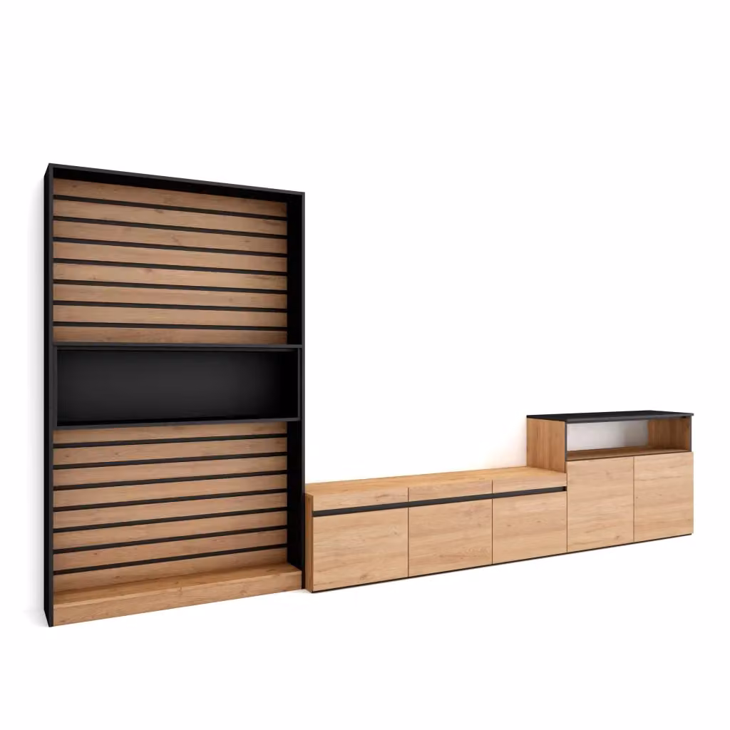 Set di mobili per soggiorno SKRAUT HOME con mobile TV per schermi fino a 65 pollici, colore Rovere e nero, L: 360 cm, P: 35 cm, H: 186 cm – 2