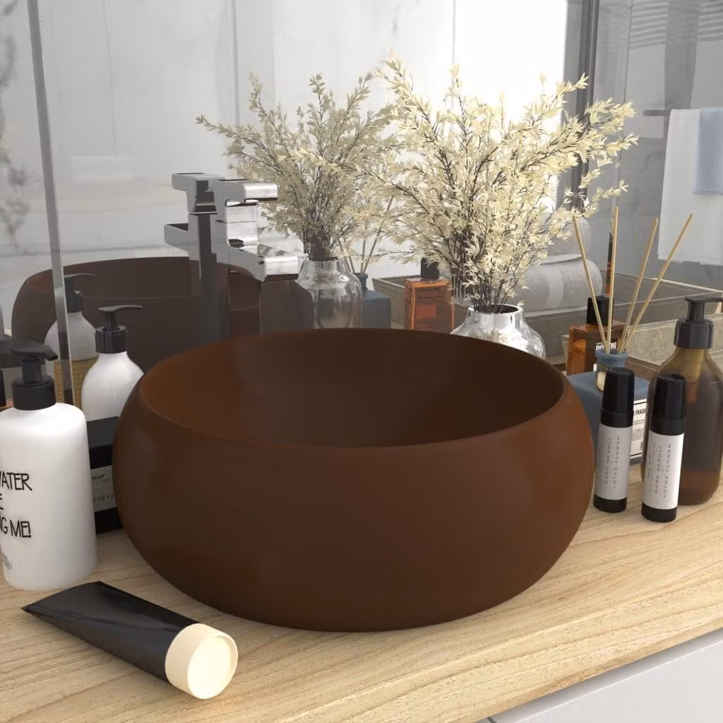 The Living Store Lussuoso lavabo rotondo opaco marrone scuro 40x15 cm in Vetroceramica