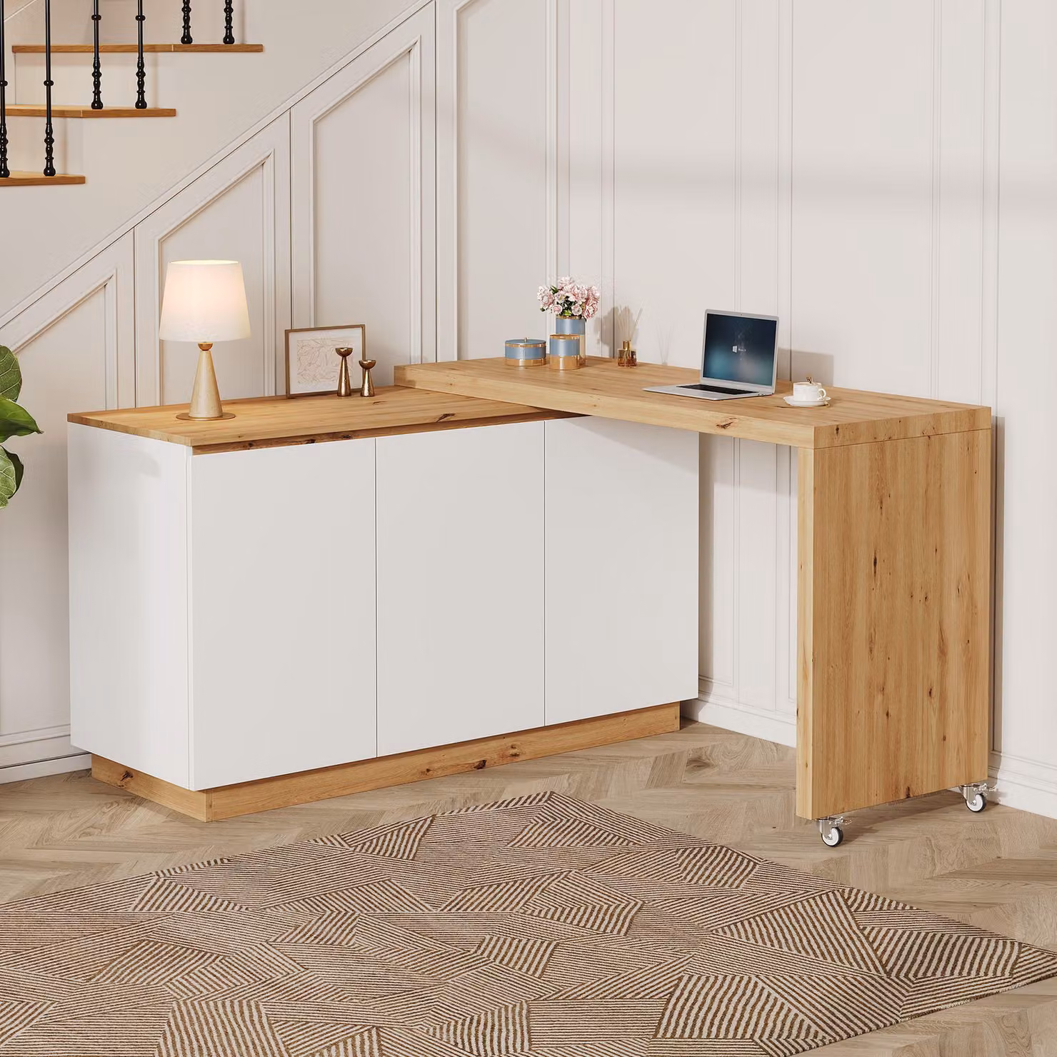 Scrivania angolare Merax, con piano rotante, ruote bloccabili, design 2-in-1, adatta come scrivania, mobile contenitore o tavolo da lavoro, colore bianco/noce