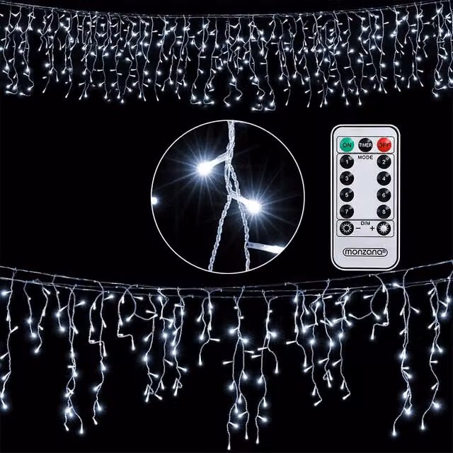 Luci di Natale Monzana con 200 LED Bianco Freddo, Lunghezza 10m, con Telecomando e Timer, Impermeabili IP44