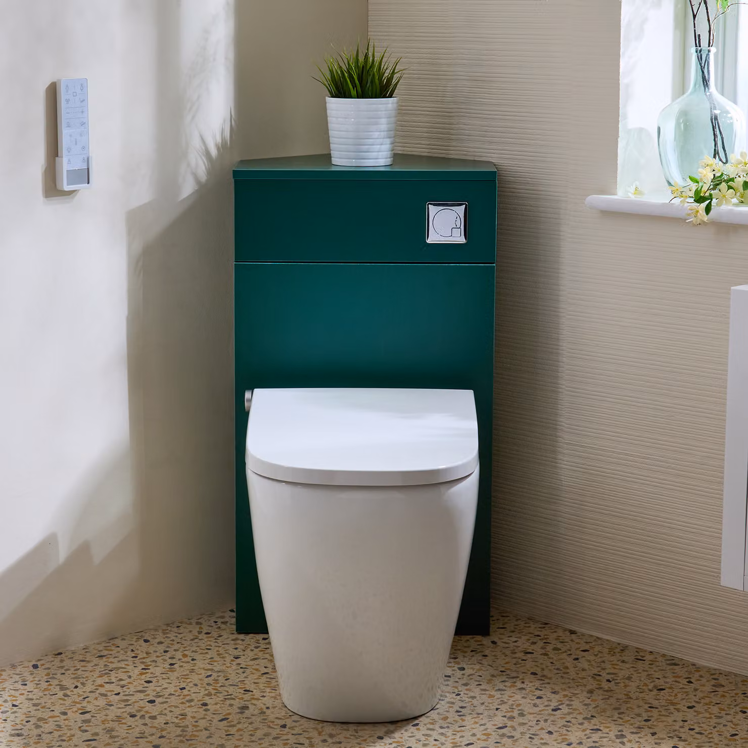 Mobile WC angolare Verde Scuro con smart toilet Hirayu, sanitario + bidet integrato, pulsante cromato - Cluo
