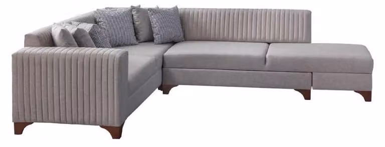 Divano angolare design, grigio, in tessuto, a forma di L, ideale per il soggiorno. Elegante divano