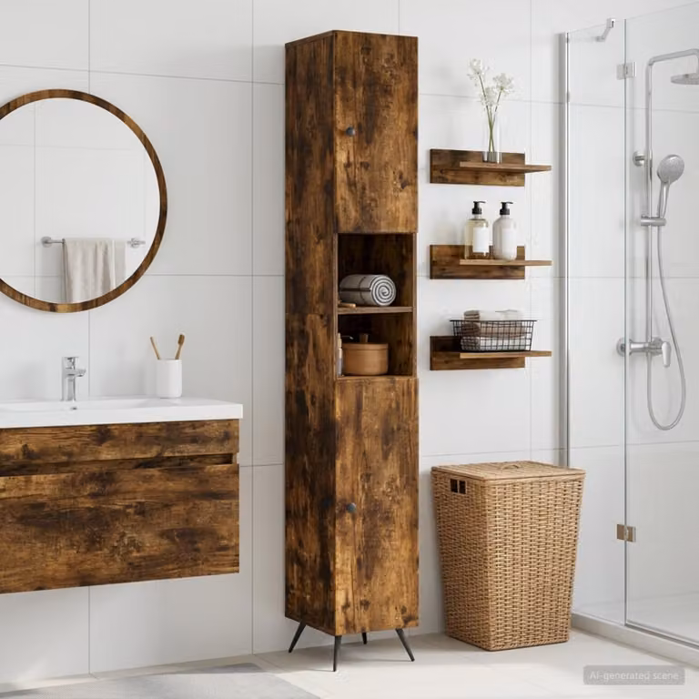 Armadio da Bagno Moderno vidaXL BREDA con Ripiano Aperto e Ante a Battente, Rovere Fumo e Nero, L/P/H: 31 x 23,4 x 190 cm