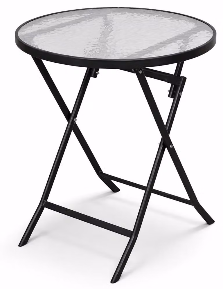 Tavolo Pieghevole Rotondo da Esterno Ø60x71cm con Struttura in Acciaio e Piano in Vetro Nero