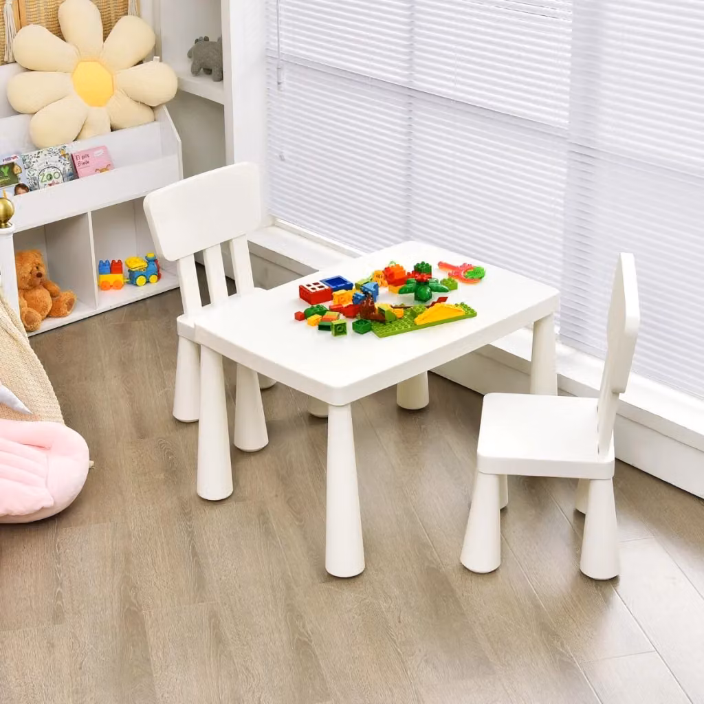 Set con tavolo e 2 sedie per bambini bianco con altezza regolabile per mangiare e disegnare – 2