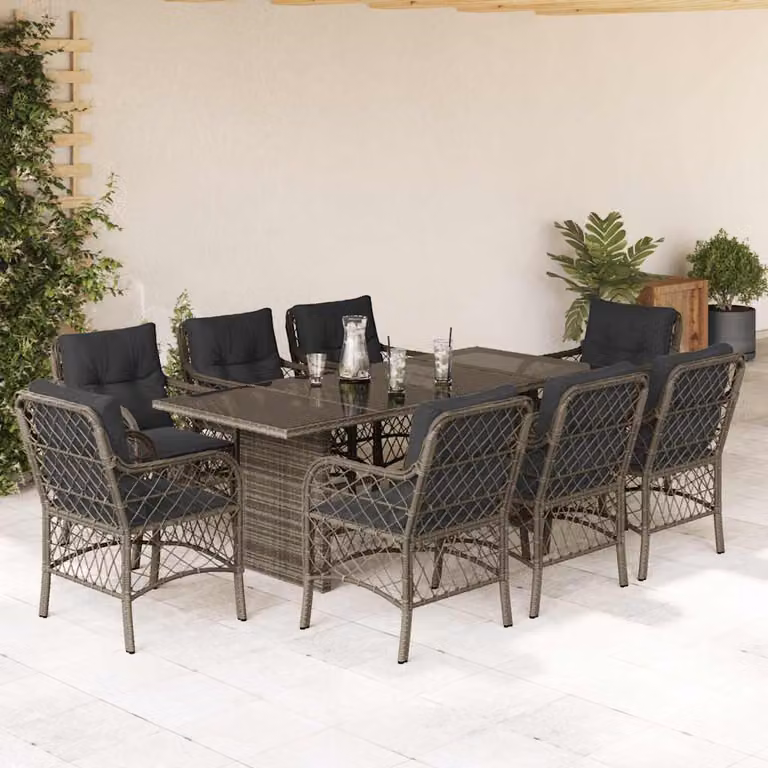 Set da Pranzo da Giardino vidaXL 9 pz in Polyrattan Grigio con Piano in Vetro