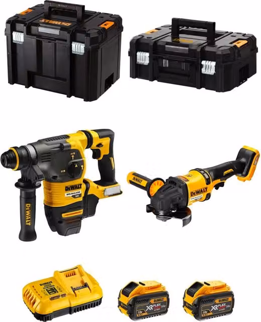 Kit DeWALT FVK271X2-QW 54V/18V con Martello Perforatore DCH333, Smerigliatrice DCG418, 2 Batterie da 9,0 Ah e Contenitori TSTAK II e TSTAK VI, Giallo – 1