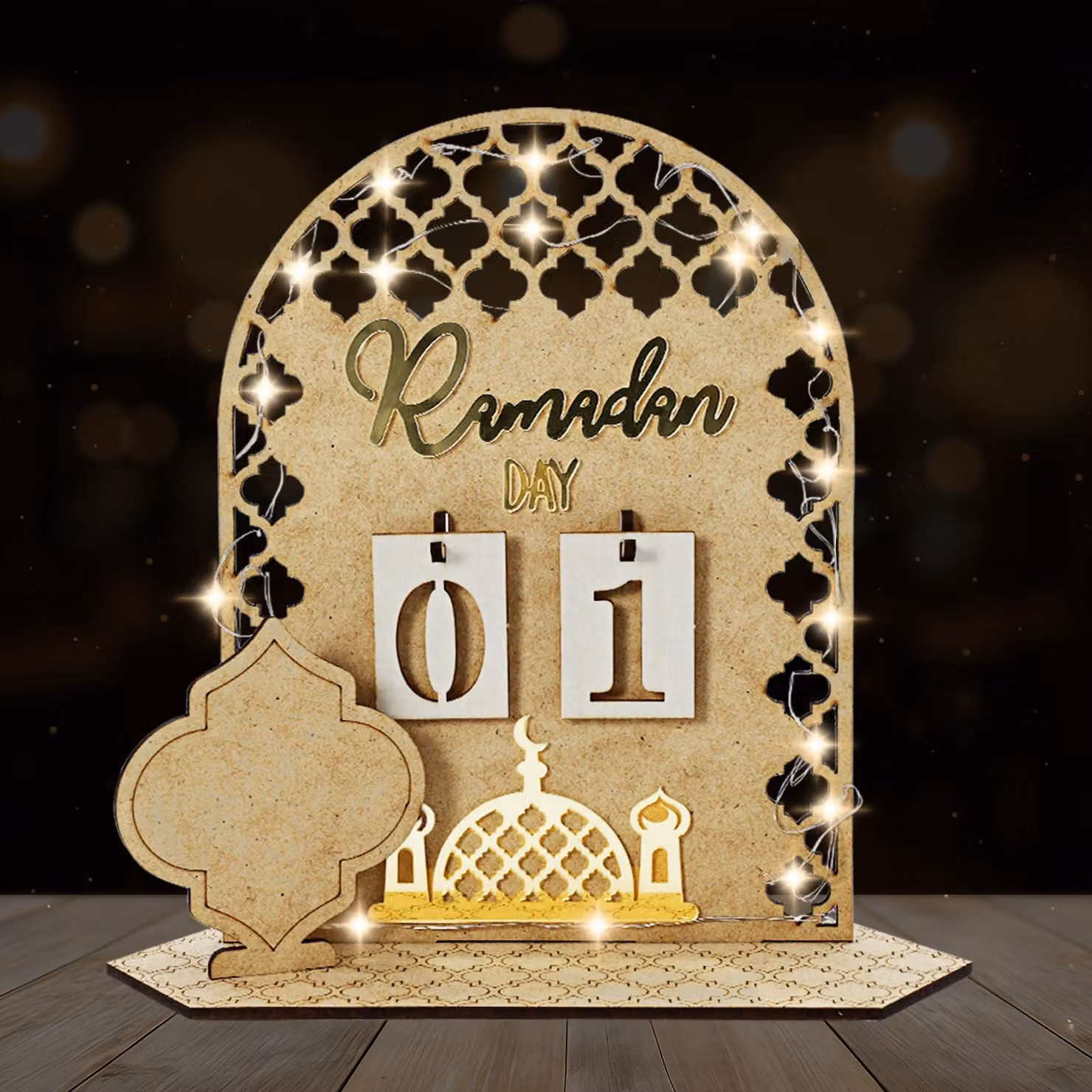 Calendario dell'Avvento a tema Ramadan, realizzato in legno e con luci LED, da assemblare