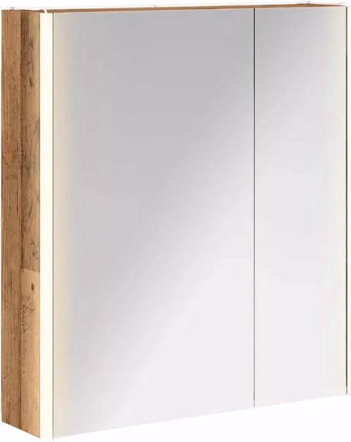 Mobiletto da bagno con specchio e illuminazione LED vidaXL in legno marrone con ante in vetro e ripiani interni, L: 70.0 cm, P: 15.5 cm, H: 63.5 cm