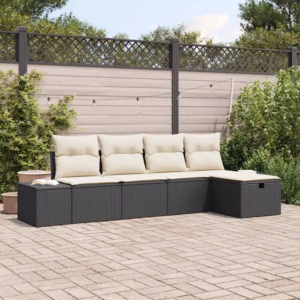 Set Divano da Giardino a L vidaXL in Polyrattan con Cuscini e Ottoman, Grigio e Nero – 1