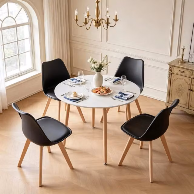 Set da pranzo ULEVR con tavolo rotondo 80x80x75 cm e 4 sedie in similpelle, plastica e legno