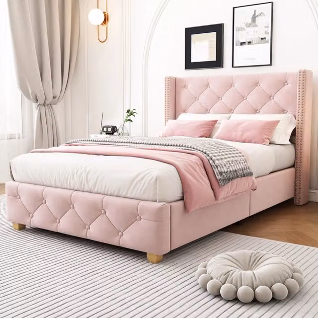 Letto singolo imbottito 90x200 cm in velluto rosa con rete