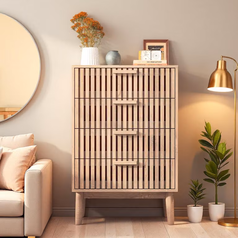 Comodino INONEFT con 4 cassetti, mobiletto contenitore in legno, adatto per camera da letto e soggiorno, dimensioni 34x60x91 cm, colore legno naturale