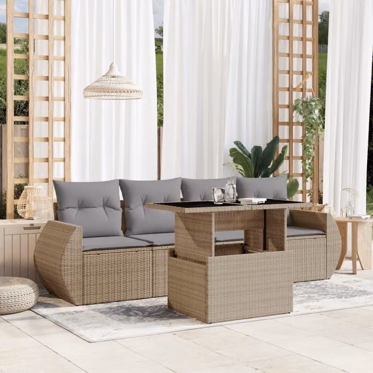 vidaXL Set Divano da Giardino 5 pz con Cuscini Beige e Grigio in Polyrattan e Acciaio Verniciato a Polvere