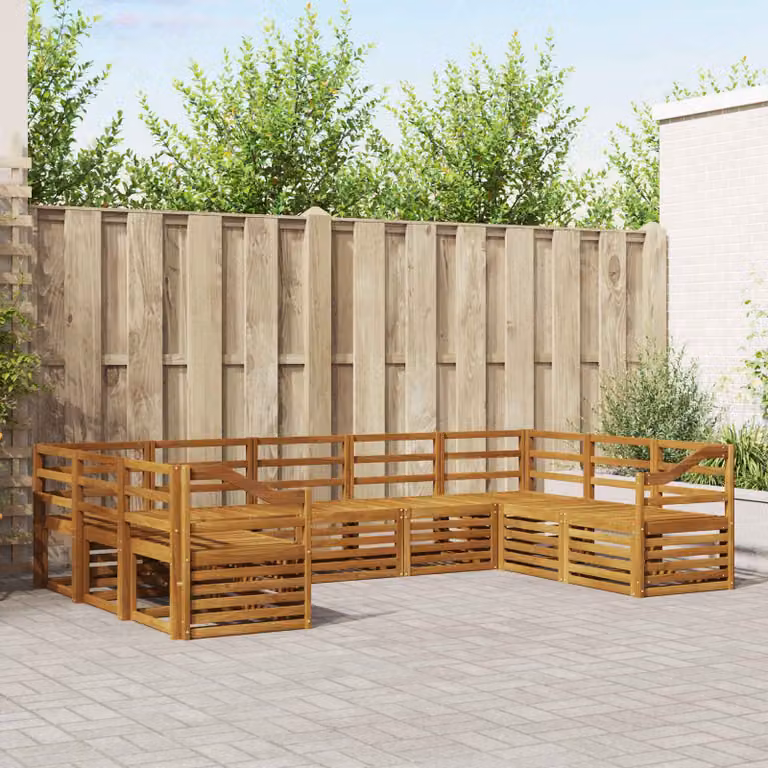 Set di divani da esterno vidaXL in legno di acacia marrone con cuscini, composizione a L per giardino e terrazza, 9 pezzi