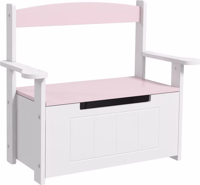 AIYAPLAY Panca contenitore per bambini con schienale e chiusura soft, L: 68,5 cm, P: 34 cm, H: 58 cm, Rosa/Bianco – 1