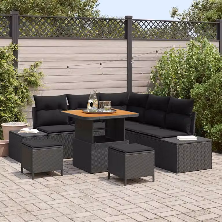 Set Divano da Giardino Moderno vidaXL a Forma di L in Polyrattan Nero con Cuscini e Tavolino da Esterno