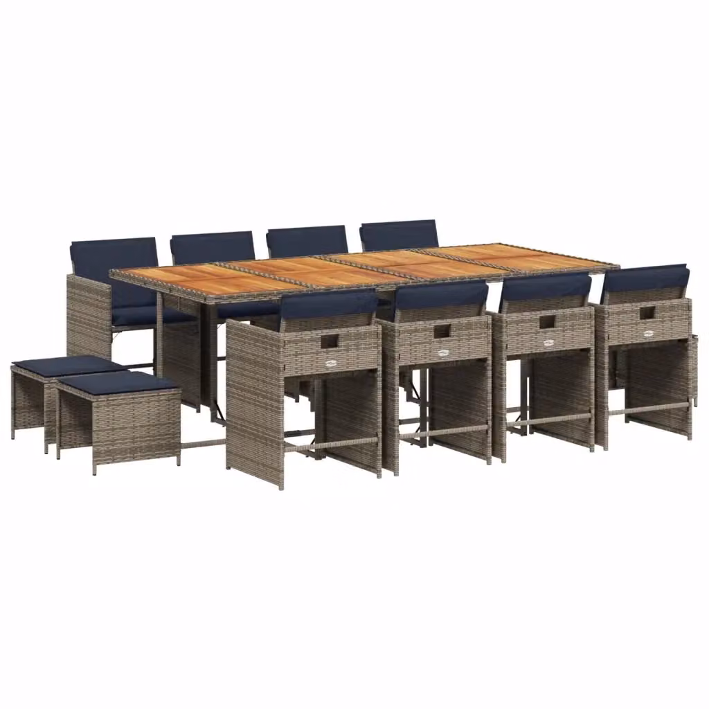 Set da pranzo da giardino vidaXL in polyrattan e legno di acacia da 13 pezzi con cuscini, colore grigio, marrone o blu – 2