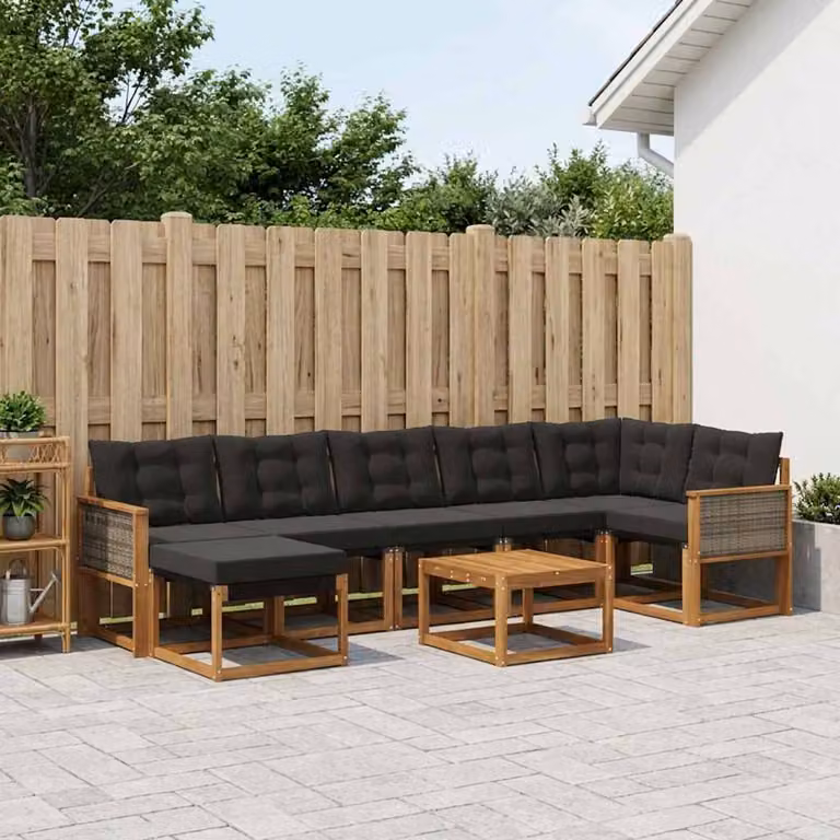 Set di divani da esterno vidaXL 8 pz in legno di acacia con tavolo da caffè e pouf, colore marrone e nero