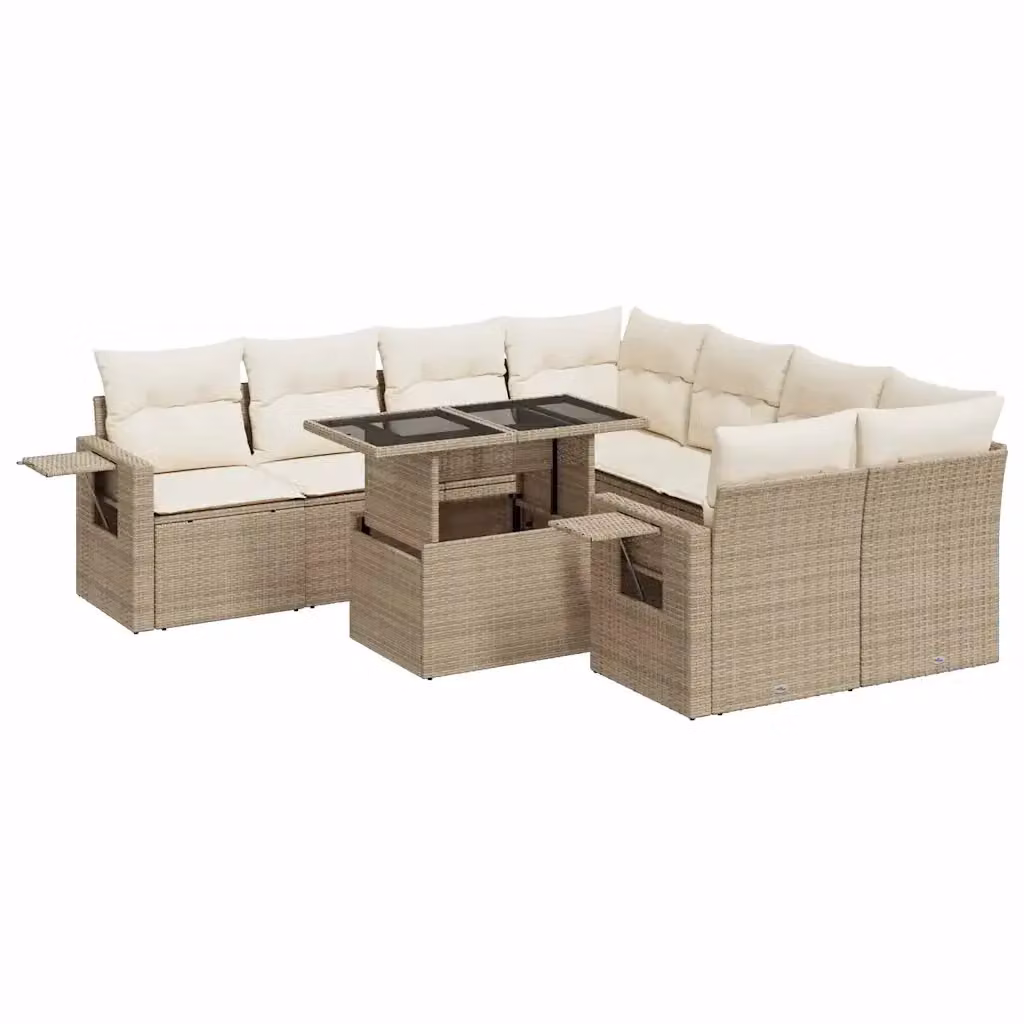 Set Divano da Giardino vidaXL 9 Pezzi con Cuscini Beige e Tavolino in Vetro per Terrazza e Balcone – 2