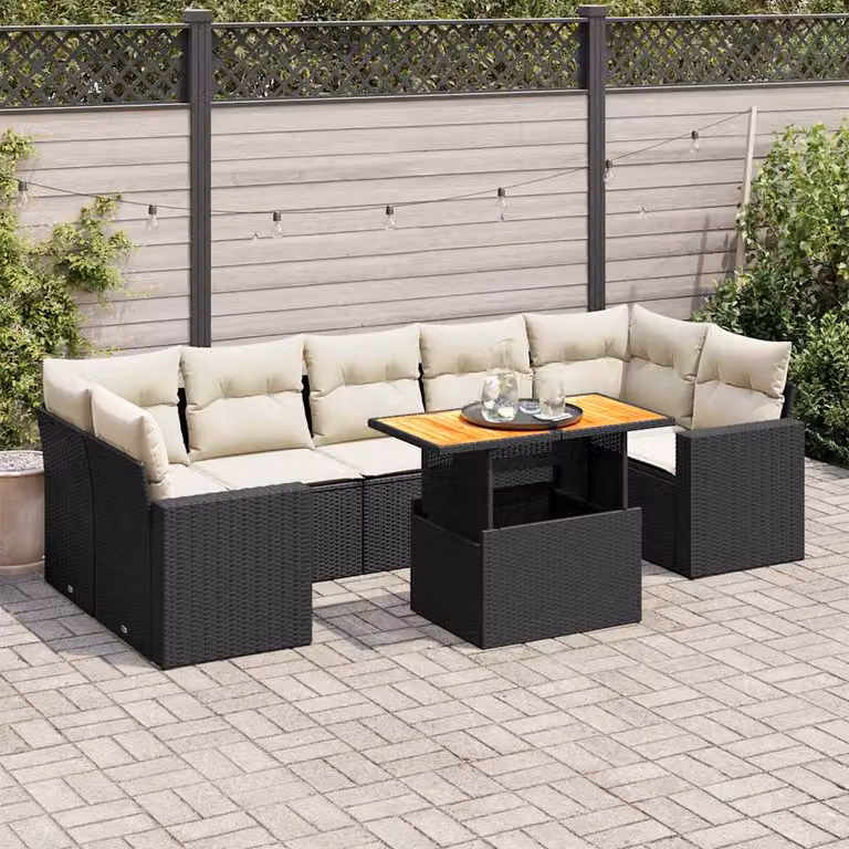 Set Divani da Giardino a L vidaXL in Polyrattan Nero con 8 Cuscini e Tavolino da Esterno