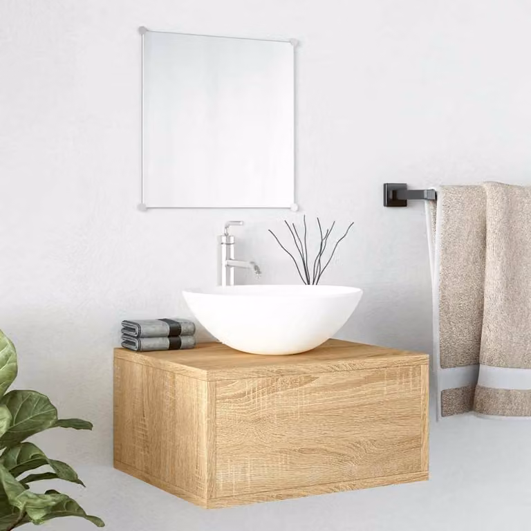 Set di mobili da bagno vidaXL in legno color rovere marrone composto da mobile sottolavabo e pensile con specchio
