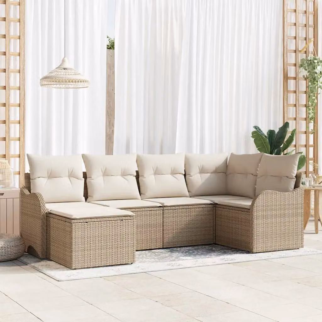 Set Divano da Giardino a L vidaXL 6 pz Beige con Cuscini e Ottoman in Polyrattan e Metallo