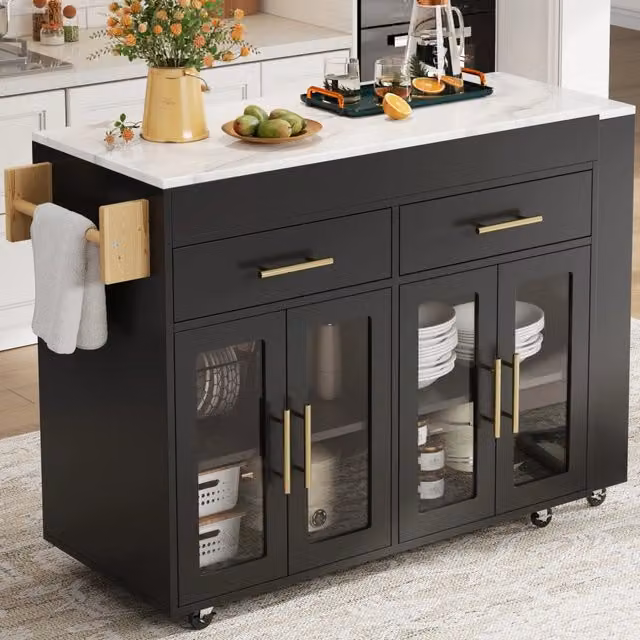 Isola cucina con ruote e tavolo bar allungabile nero in MDF