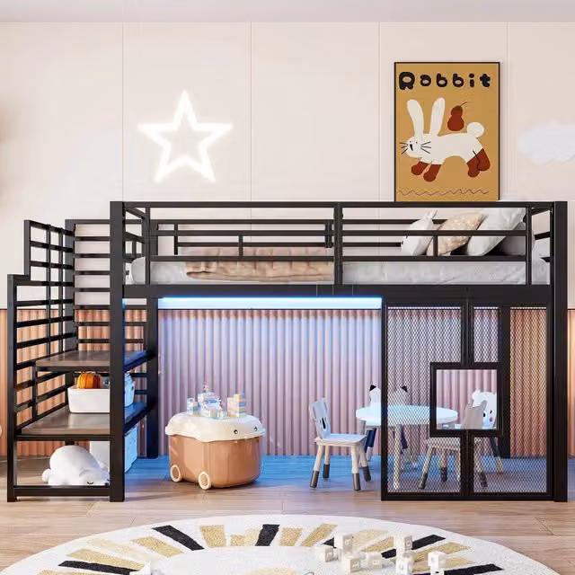 Letto a soppalco singolo in metallo e MDF con scala, contenimento laterale e illuminazione LED, nero, L/P: 90 x 200 cm