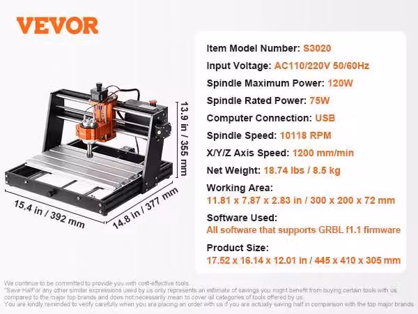 Fresatrice CNC, potenza mandrino 120 W, area di lavoro 30 x 20 cm, connessione USB, 30 x 20 cm 120 W