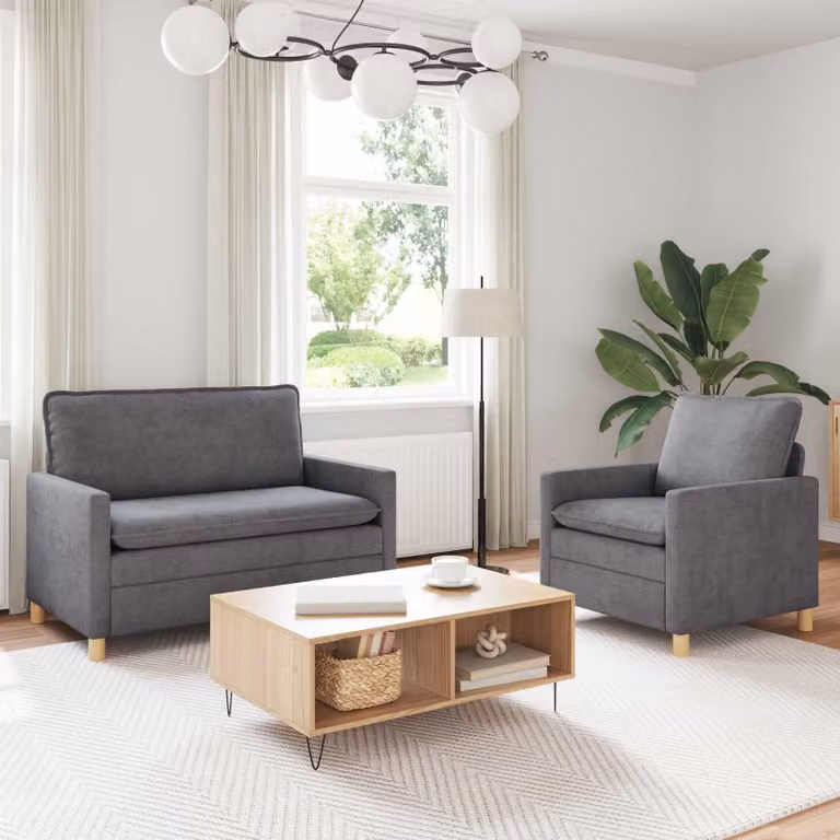 Set di 2 divani moderni vidaXL in tessuto grigio con struttura in metallo e cuscini inclusi