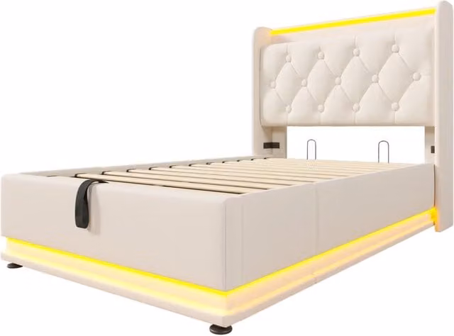 Letto singolo imbottito 90x200 cm bianco in PU con LED 360°, testata con porta USB Tipo-C, struttura idraulica contenitore