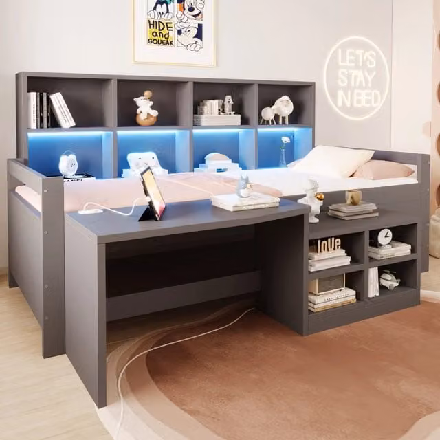 Letto a soppalco 90x200 cm con scrivania; vani portaoggetti e LED in legno e legno sintetico grigio