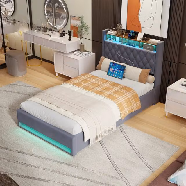 Letto matrimoniale imbottito 140x200 cm grigio scuro in velluto con schiuma ergonomica e struttura in MDF e ferro