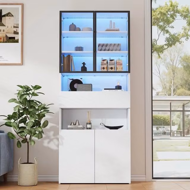 Libreria Vetrata ¨C Minimal ¨C Bianco 70x30x200cm in Legno con Ante in Vetro, LED e Cassetti