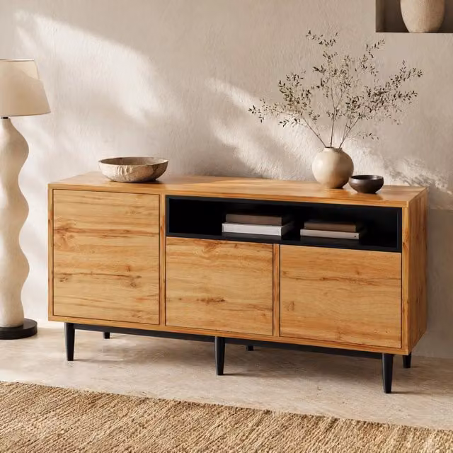 Madia in MDF con 3 ante e ripiani regolabili; 160 x 35 x 76 cm; legno naturale