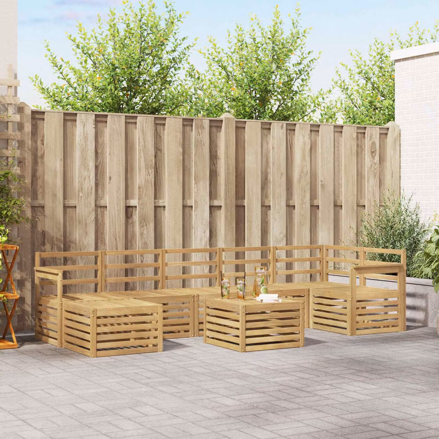 Set di divani da esterno vidaXL 8 pz in legno di acacia massello con cuscini bianchi e marroni per giardino e terrazza