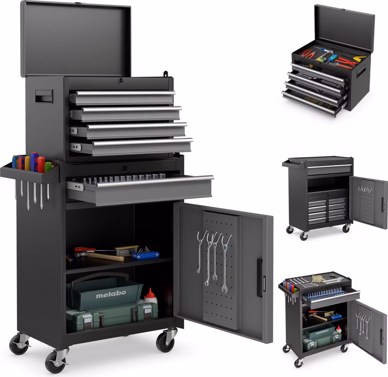 COSTWAY Carrello da officina 2in1 con valigetta, 8 scomparti, ganci, rotelle e ripiano regolabile, carrello portautensili bloccabile fino a 100 kg senza attrezzi 59x28x102 cm