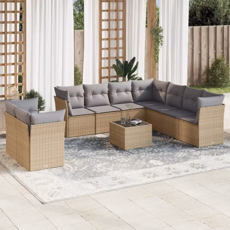 vidaXL Set Divano da Giardino a L 10 pz in Polyrattan con Cuscini Beige e Tavolino da Esterno