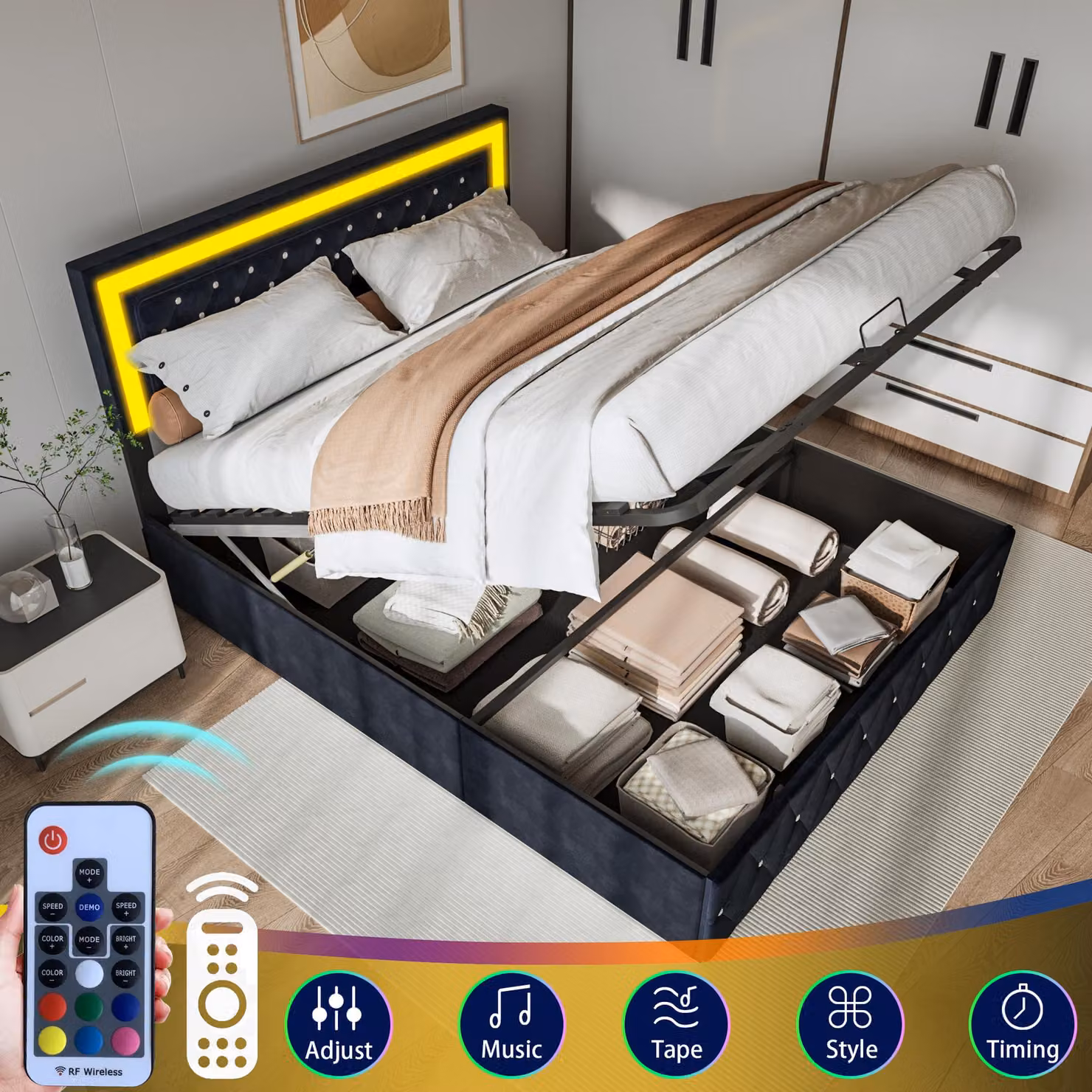 Letto matrimoniale con boxspring, imbottito, 160x200 cm, con illuminazione LED, dotato di meccanismo a sollevamento idraulico per lo spazio contenitivo, struttura letto per giovani con cassettone e rete a doghe, rivestito in velluto nero