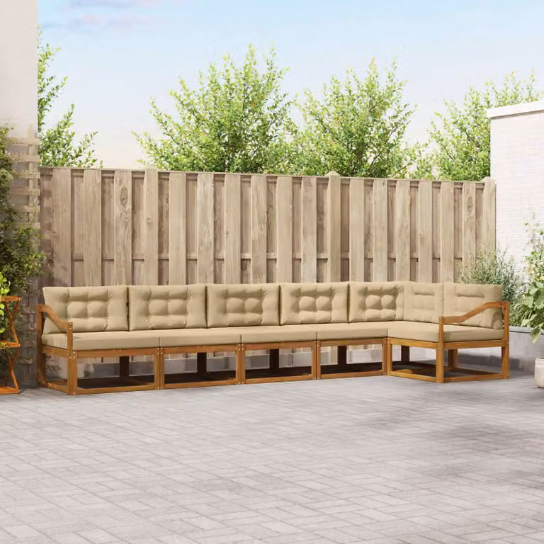 vidaXL Set di divani da esterno a L in legno di acacia con cuscini, 6 pezzi, Beige e Marrone