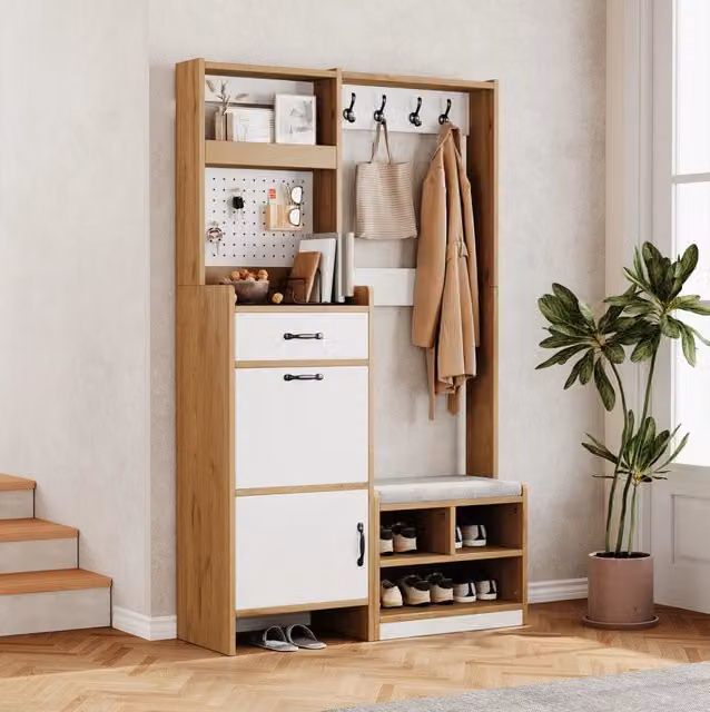 Garderoba da ingresso multifunzione con scarpiera e panca moderna in MDF bianco L: 100 cm, H: 180 cm, P: 35 cm