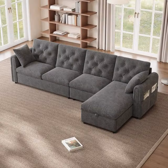 Divano angolare convertibile in velluto con letto, vano contenitore e penisola reversibile grigio 281 × 132 × 86 cm