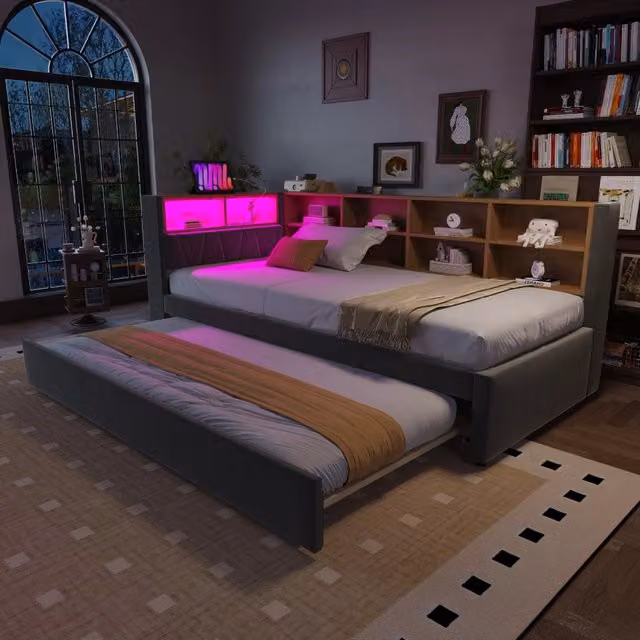Divano letto REDOM grigio con cassetto estraibile, illuminazione LED e ricarica USB, L/P/H: 90 x 200 cm