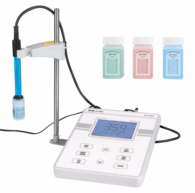 SucceBuy, misuratore di pH da tavolo digitale, intervallo di misurazione 0–14, kit per test di laboratorio con display illuminato, soluzioni di calibrazione, alimentatore e memoria per fino a 50 misurazioni, ideale per analisi della temperatura e della qu