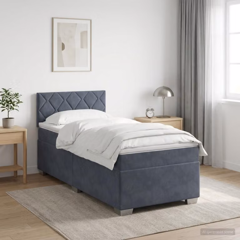 Letto a molle con materasso e illuminazione LED, colore grigio scuro, rivestito in velluto, modello singolo