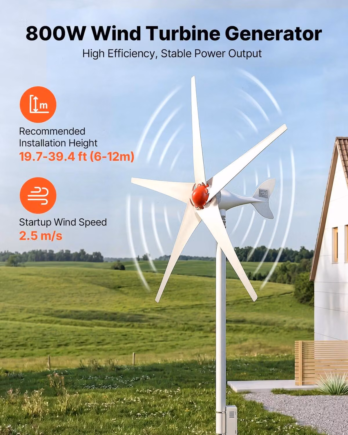 Generatore eolico da 800W a 12V, kit per turbina eolica a 5 pale con controller MPPT, generatore eolico permanente trifase ad alta efficienza per camper, barche, abitazioni e aziende agricole (il palo di supporto non è incluso)